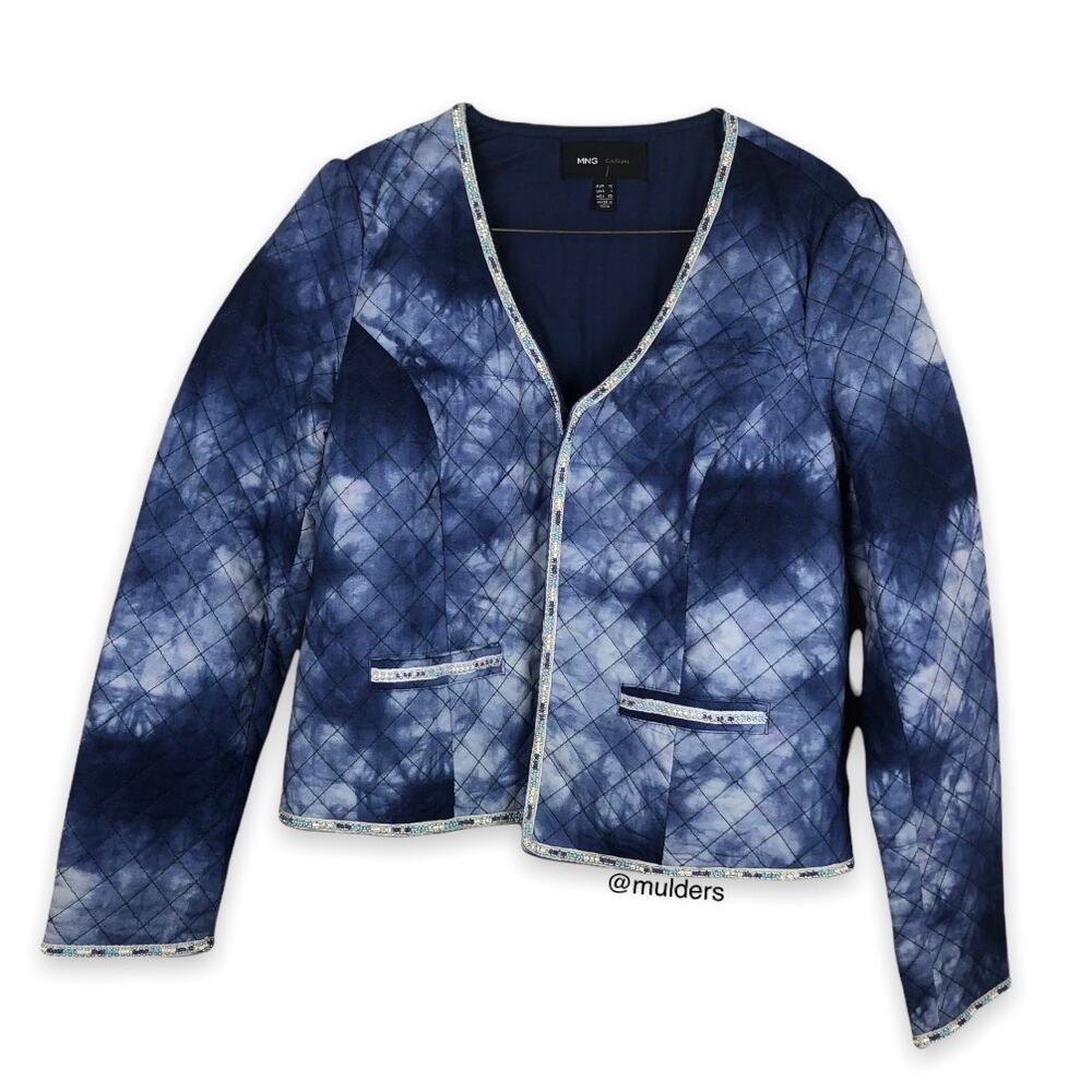 Mango MNG Blue & White Tie Dye Quilted Beaded Long Sleeve Jacket Large